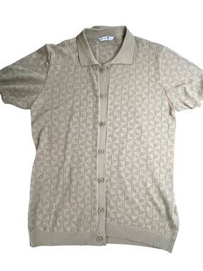 RNT23 Mens Beige Knit Button-Up Short Sleeve Polo Shirt Size L Lightweight & Bre
